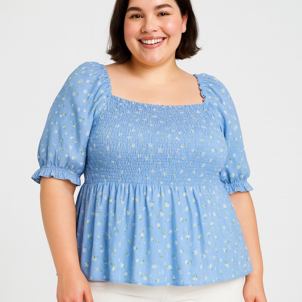 Eloquii Pastel Ditsy Floral Plus Size Smocked Peasant Top with Puff Sleeves NEW